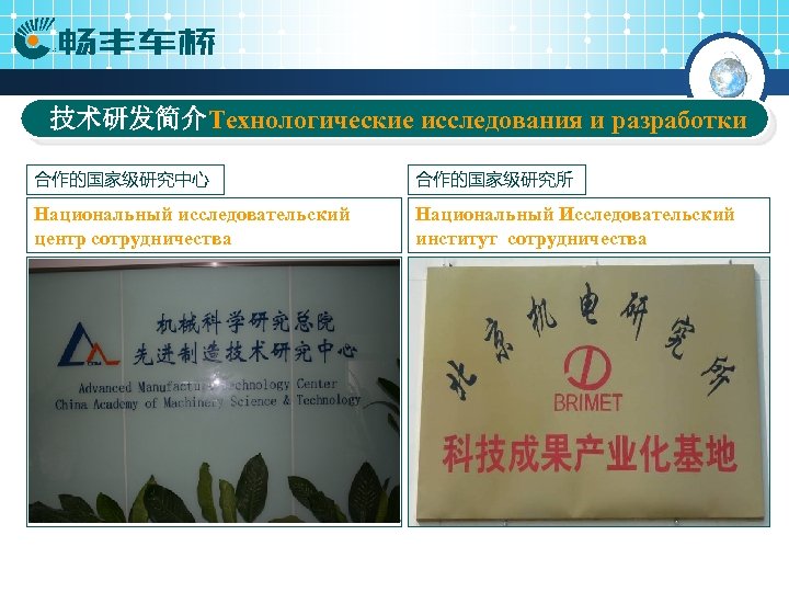技术研发简介Технологические исследования и разработки 合作的国家级研究中心 合作的国家级研究所 Национальный исследовательский центр сотрудничества Национальный Исследовательский институт сотрудничества