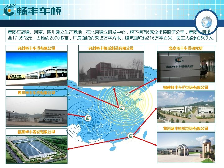 集团在福建、河南、四川建立生产基地，在北京建立研发中心，旗下拥有6家全资控股子公司，集团注册资 金 17. 05亿元，占地约 2000多亩，厂房面积约 88. 8万平方米，建筑面积约 216万平方米，员 人数逾 3500人。 开封畅丰车桥有限公司 开封畅丰机械制造有限公司 北京畅丰车桥研究所 福建畅丰车桥制造有限公司