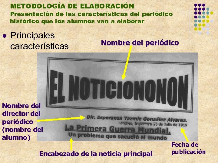 METODOLOGÍA DE ELABORACIÓN Presentación de las características del periódico histórico que los alumnos van