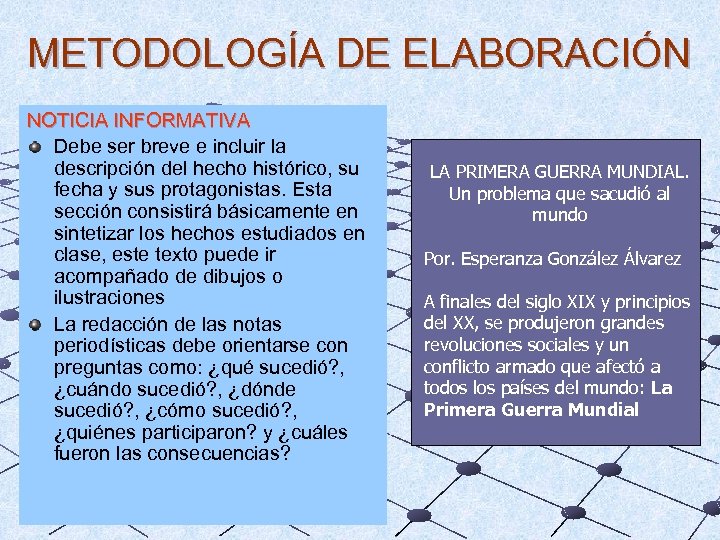 METODOLOGÍA DE ELABORACIÓN NOTICIA INFORMATIVA Debe ser breve e incluir la descripción del hecho