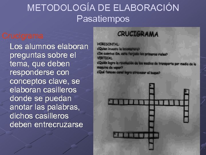METODOLOGÍA DE ELABORACIÓN Pasatiempos Crucigrama Los alumnos elaboran preguntas sobre el tema, que deben