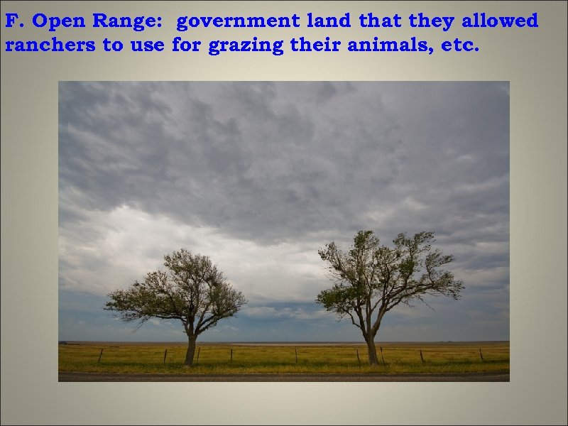 F. Open Range: government land that they allowed ranchers to use for grazing their