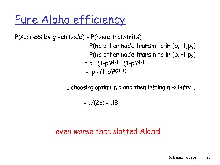 Pure Aloha efficiency P(success by given node) = P(node transmits). P(no other node transmits
