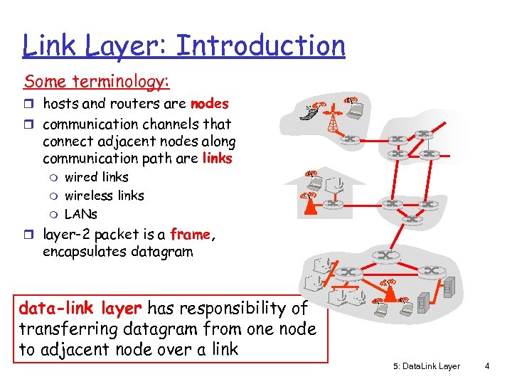 Link Layer: Introduction Some terminology: r hosts and routers are nodes r communication channels