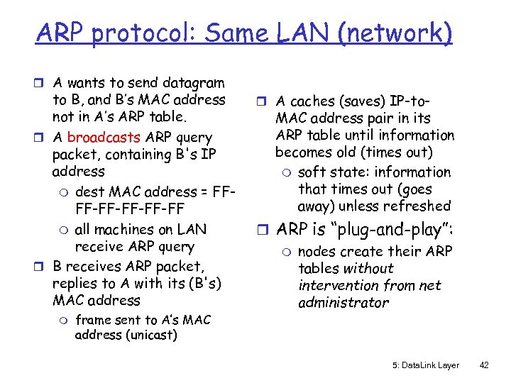 ARP protocol: Same LAN (network) r A wants to send datagram to B, and