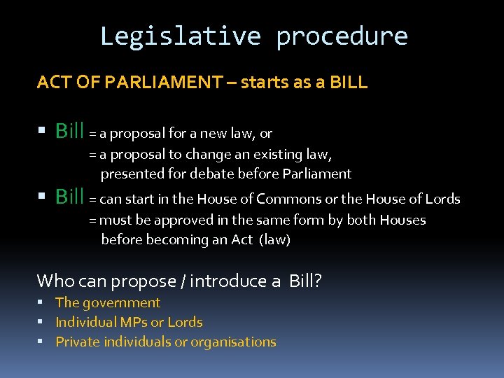 Legislative procedure ACT OF PARLIAMENT – starts as a BILL Bill = a proposal