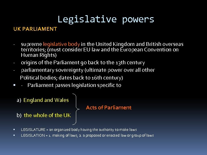 Legislative powers UK PARLIAMENT supreme legislative body in the United Kingdom and British overseas
