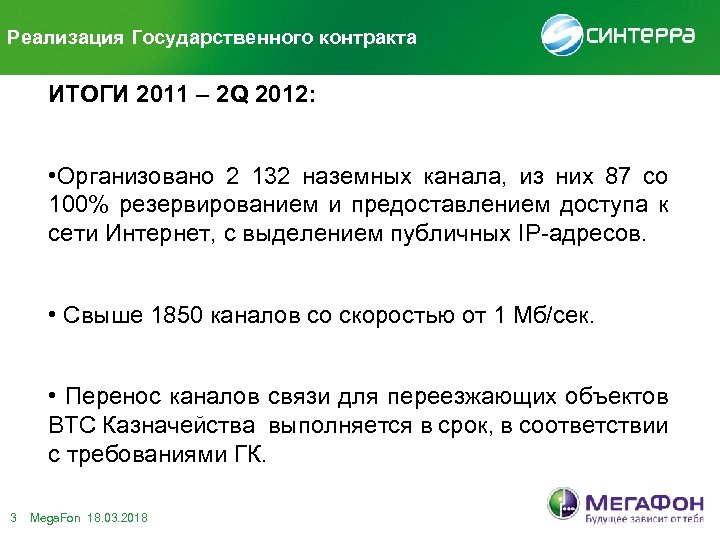 Реализация Государственного контракта ИТОГИ 2011 – 2 Q 2012: • Организовано 2 132 наземных