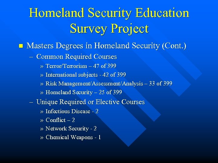 Homeland Security Education Survey Project n Masters Degrees in Homeland Security (Cont. ) –