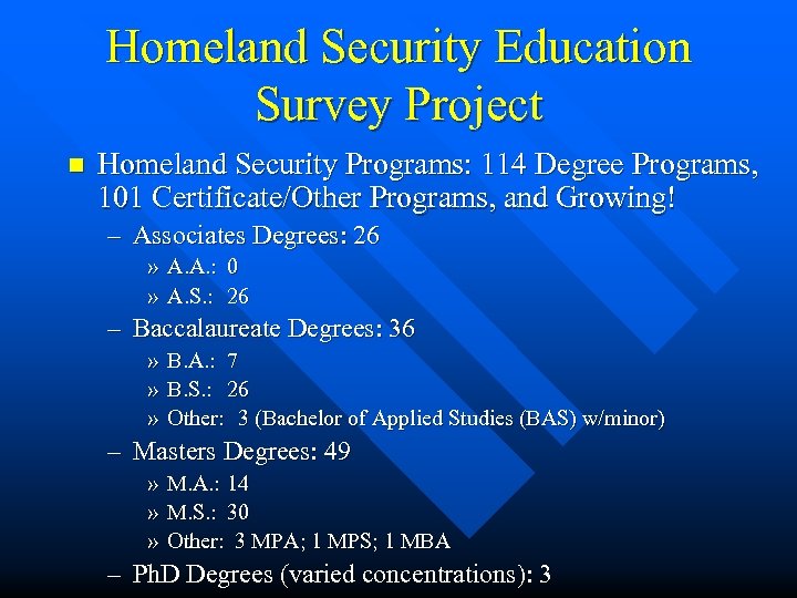Homeland Security Education Survey Project n Homeland Security Programs: 114 Degree Programs, 101 Certificate/Other