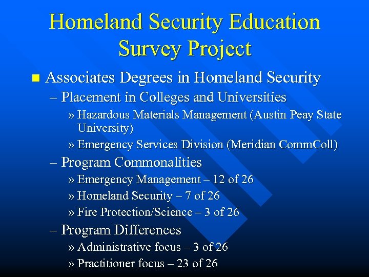 Homeland Security Education Survey Project n Associates Degrees in Homeland Security – Placement in