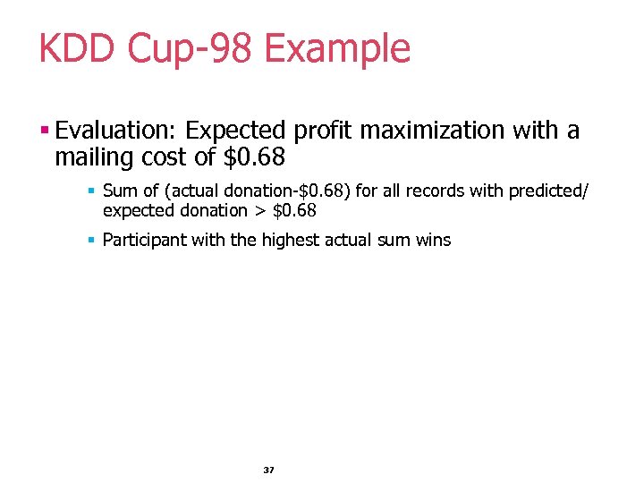 KDD Cup-98 Example § Evaluation: Expected profit maximization with a mailing cost of $0.