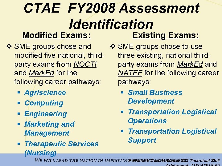 CTAE FY 2008 Assessment Identification Modified Exams: Existing Exams: v SME groups chose and