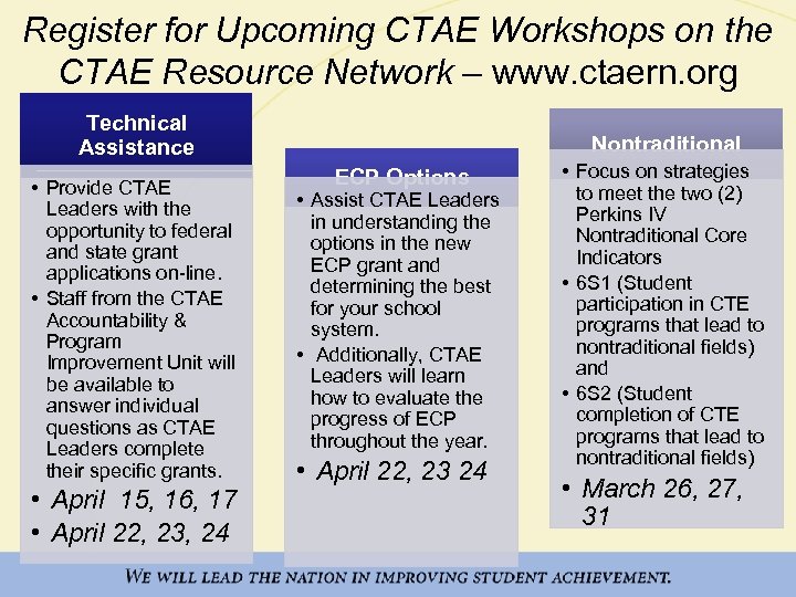 Register for Upcoming CTAE Workshops on the CTAE Resource Network – www. ctaern. org