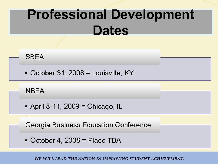 Professional Development Dates SBEA • October 31, 2008 = Louisville, KY NBEA • April