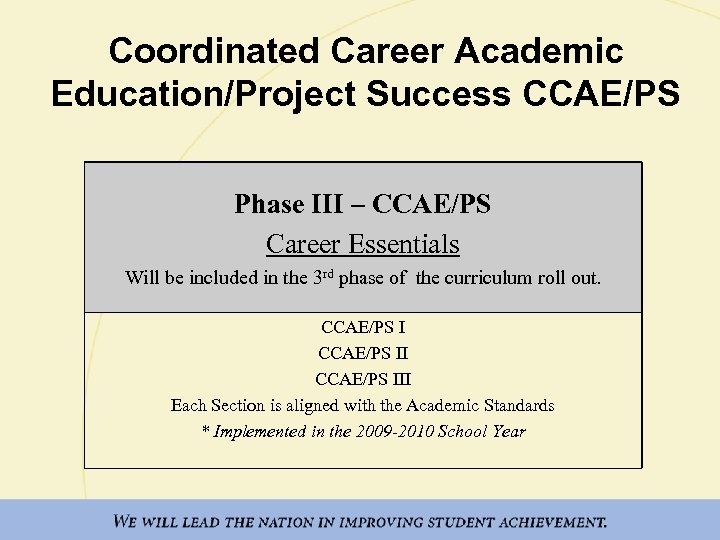 Coordinated Career Academic Education/Project Success CCAE/PS Phase III – CCAE/PS Career Essentials Will be