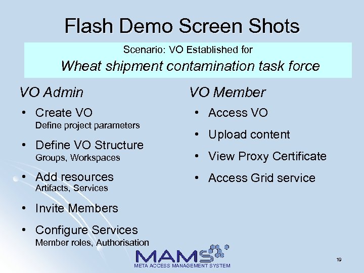 Flash Demo Screen Shots Scenario: VO Established for Wheat shipment contamination task force VO