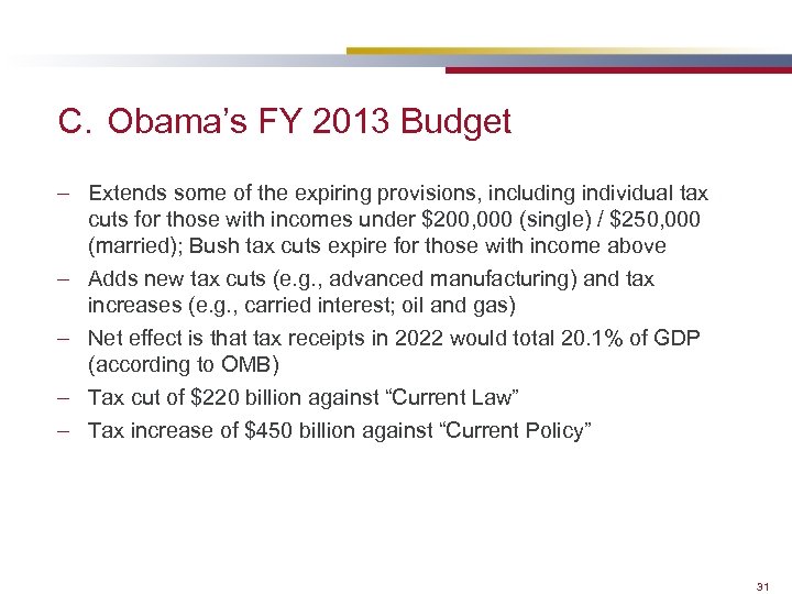 C. Obama’s FY 2013 Budget – Extends some of the expiring provisions, including individual
