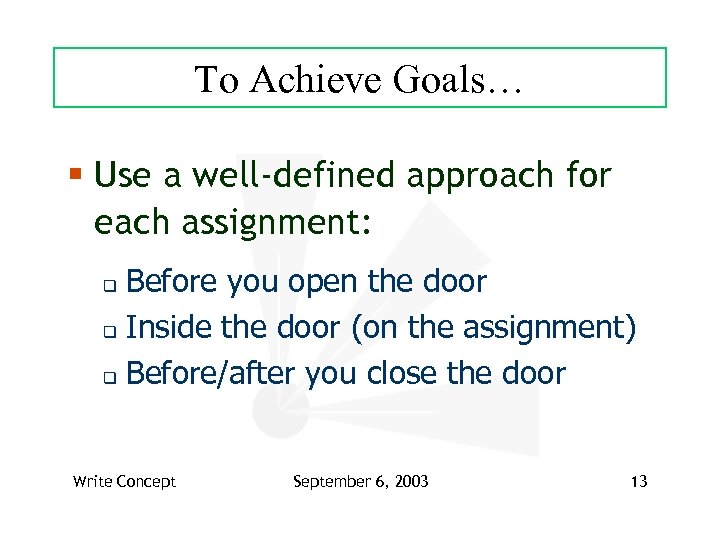 To Achieve Goals… § Use a well-defined approach for each assignment: Before you open