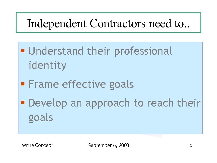 Independent Contractors need to. . § Understand their professional identity § Frame effective goals