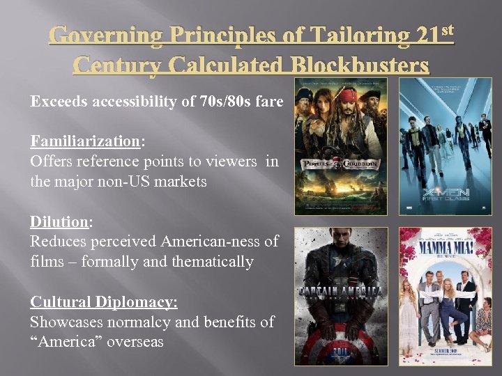 Governing Principles of Tailoring 21 st Century Calculated Blockbusters Exceeds accessibility of 70 s/80