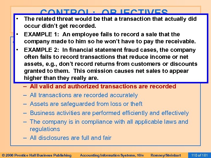 CONTROL: OBJECTIVES, THREATS, AND PROCEDURES • The related threat would be that a transaction