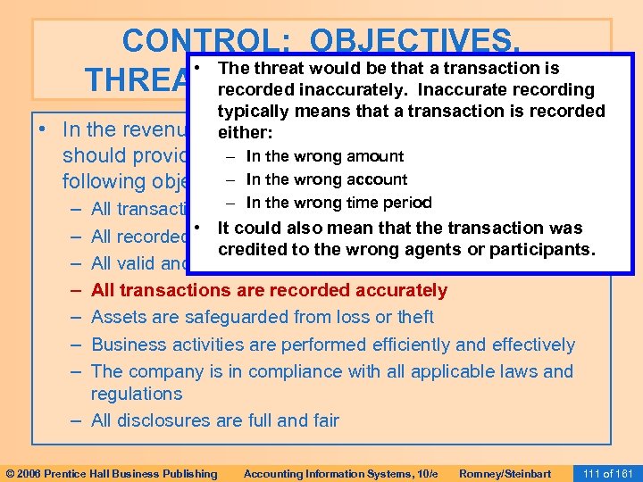 CONTROL: OBJECTIVES, • The threat would be that a transaction is THREATS, AND PROCEDURES