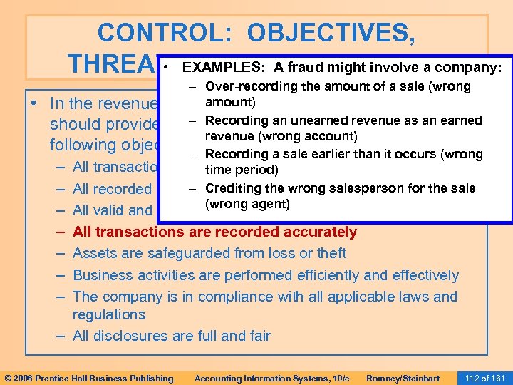 CONTROL: OBJECTIVES, • EXAMPLES: A fraud might involve a company: THREATS, AND PROCEDURES •