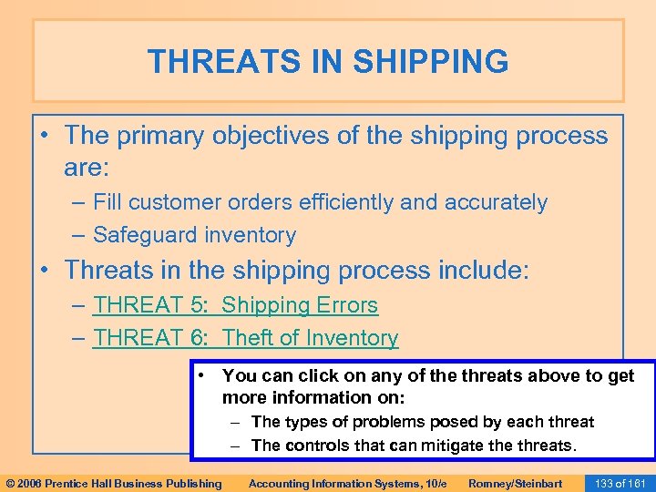 THREATS IN SHIPPING • The primary objectives of the shipping process are: – Fill
