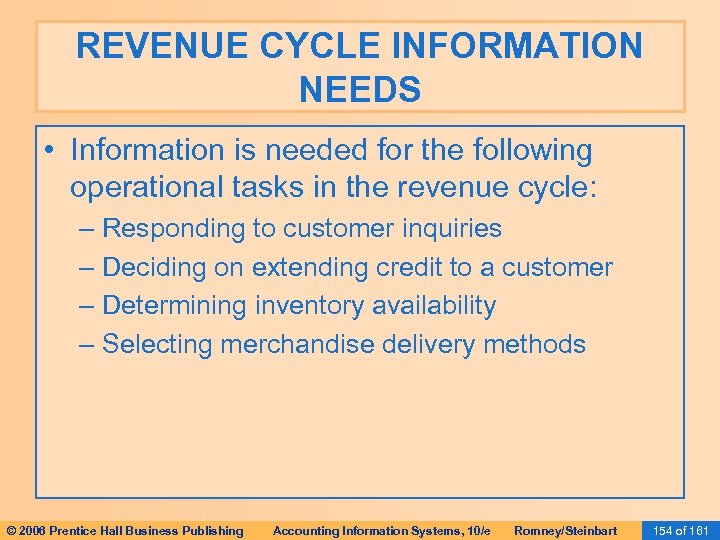 REVENUE CYCLE INFORMATION NEEDS • Information is needed for the following operational tasks in