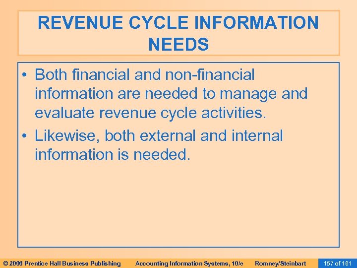 REVENUE CYCLE INFORMATION NEEDS • Both financial and non-financial information are needed to manage