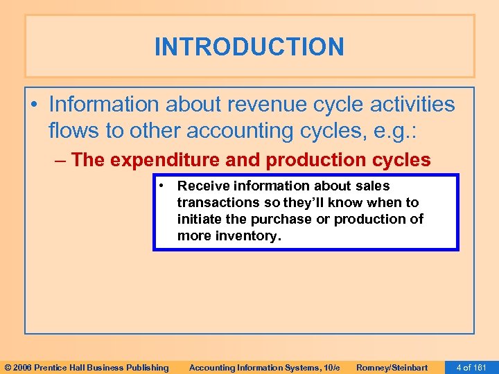 INTRODUCTION • Information about revenue cycle activities flows to other accounting cycles, e. g.