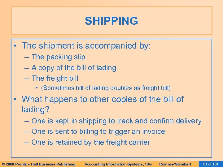 SHIPPING • The shipment is accompanied by: – The packing slip – A copy