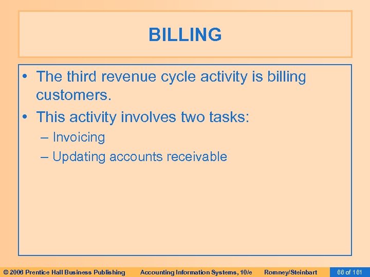 BILLING • The third revenue cycle activity is billing customers. • This activity involves
