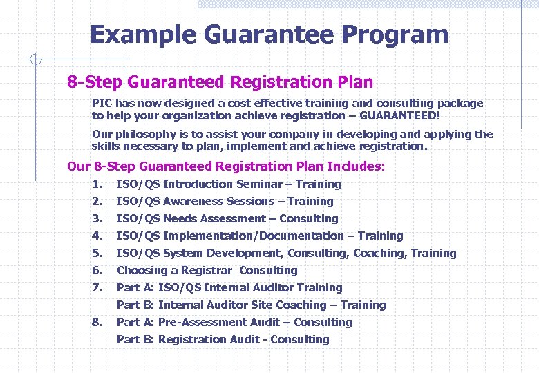 Example Guarantee Program 8 -Step Guaranteed Registration Plan PIC has now designed a cost