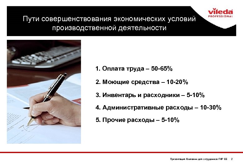 Пути совершенствования экономических условий производственной деятельности 1. Оплата труда – 50 -65% 2. Моющие