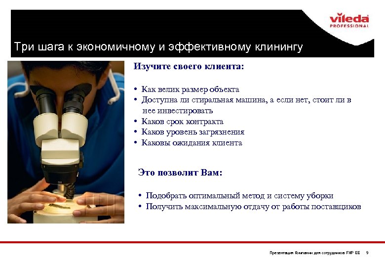 Три шага к экономичному и эффективному клинингу Изучите своего клиента: • Как велик размер