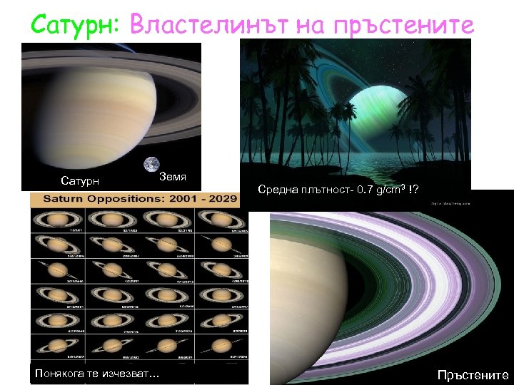 Сатурн: Властелинът на пръстените Сатурн Земя Понякога те изчезват… Средна плътност-Пръстените 0. 7 g/cm