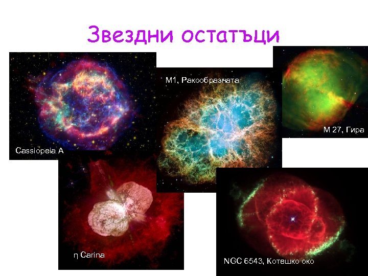 Звездни остатъци М 1, Ракообразната M 27, Гира Cassiopeia A η Carina NGC 6543,