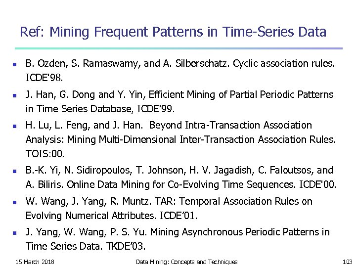 Ref: Mining Frequent Patterns in Time-Series Data n n n B. Ozden, S. Ramaswamy,