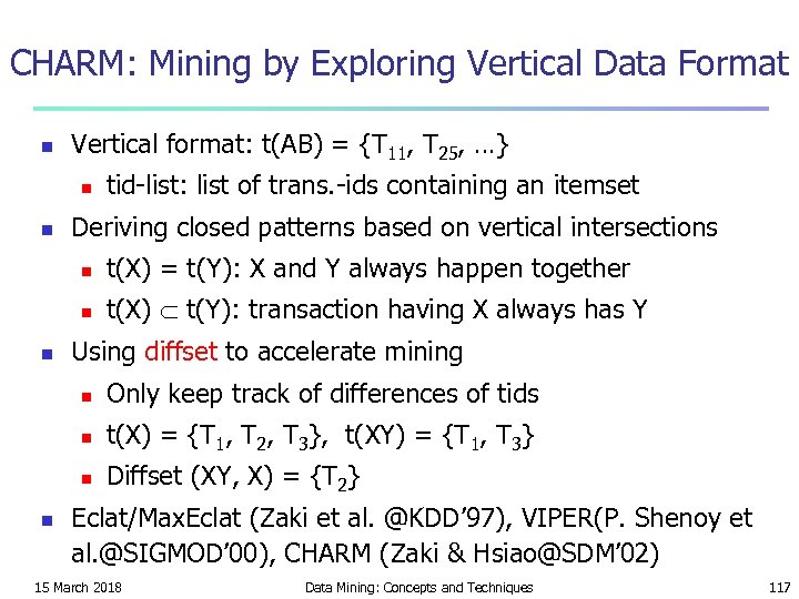 CHARM: Mining by Exploring Vertical Data Format n Vertical format: t(AB) = {T 11,