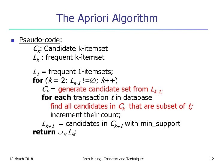 The Apriori Algorithm n Pseudo-code: Ck: Candidate k-itemset Lk : frequent k-itemset L 1