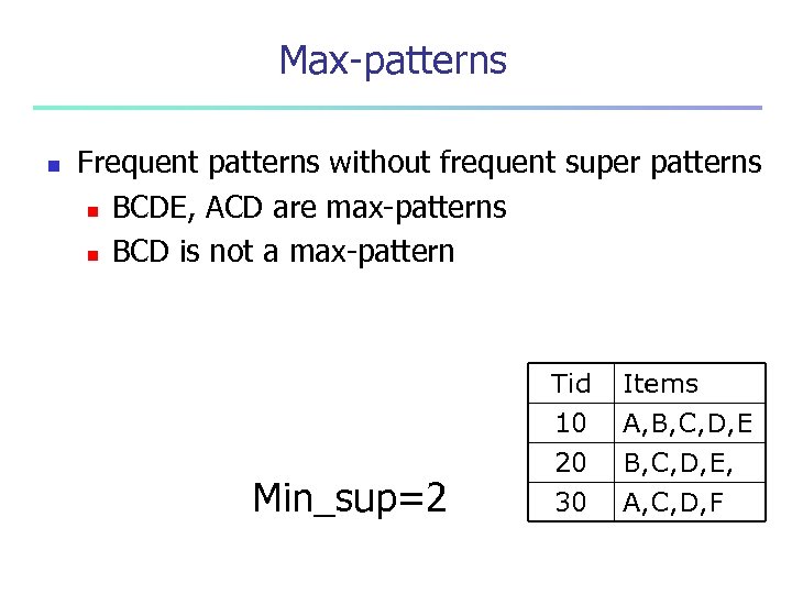 Max-patterns n Frequent patterns without frequent super patterns n BCDE, ACD are max-patterns n