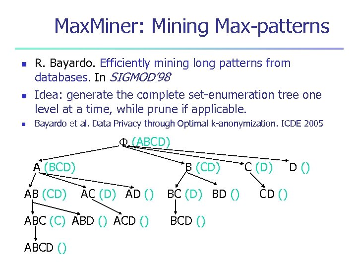 Max. Miner: Mining Max-patterns n n n R. Bayardo. Efficiently mining long patterns from