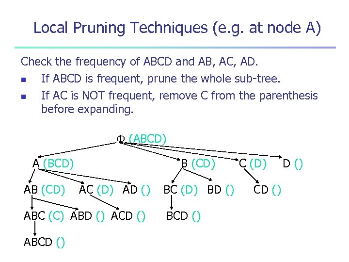Local Pruning Techniques (e. g. at node A) Check the frequency of ABCD and