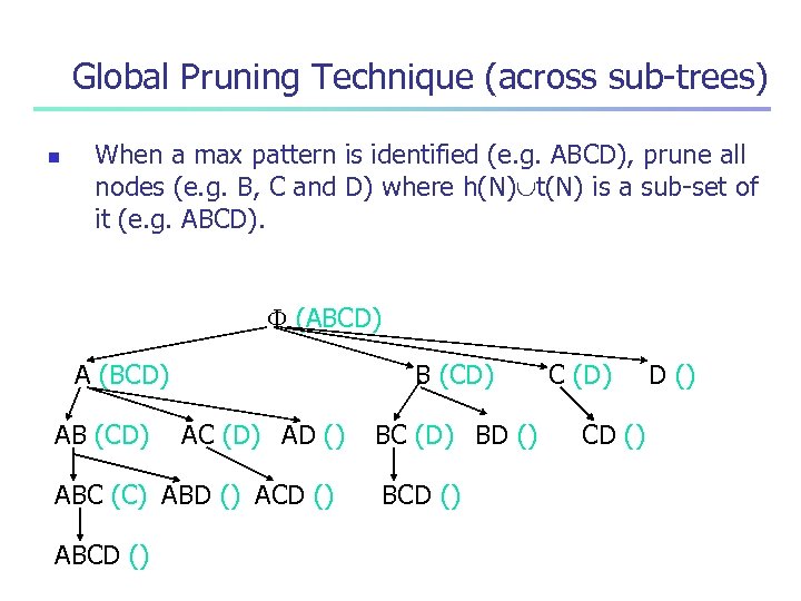Global Pruning Technique (across sub-trees) n When a max pattern is identified (e. g.