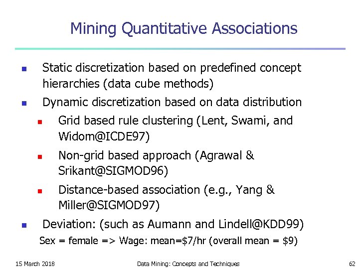 Mining Quantitative Associations Static discretization based on predefined concept hierarchies (data cube methods) n