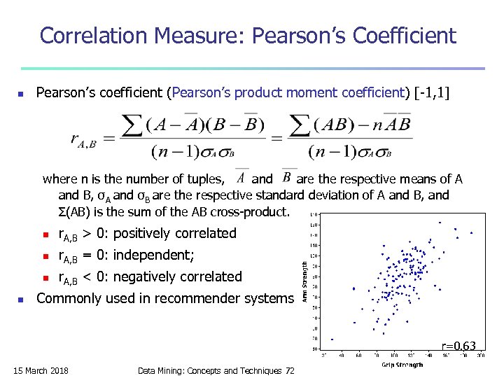 Correlation Measure: Pearson’s Coefficient n Pearson’s coefficient (Pearson’s product moment coefficient) [-1, 1] where