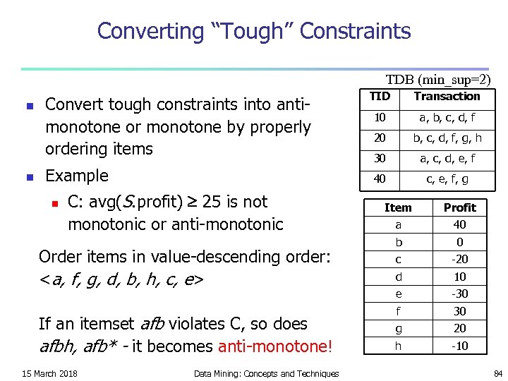Converting “Tough” Constraints TDB (min_sup=2) n n Example n C: avg(S. profit) 25 is