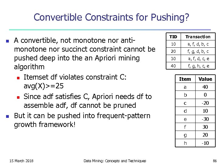 Convertible Constraints for Pushing? n n A convertible, not monotone nor antimonotone nor succinct